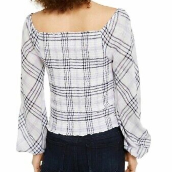 INC Women's Blouse White Size Large M Knit Plaid Metallic Smocked (D) - Picture 2 of 6